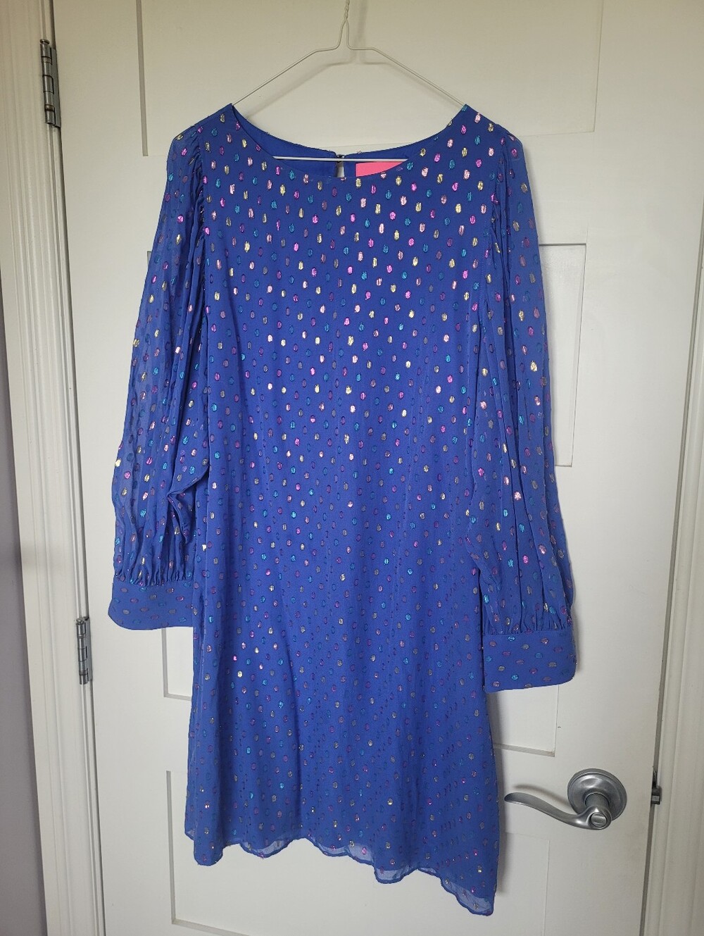 Lilly Pulitzer Maisel metallic silk dress in Irish blue with a keyhole back